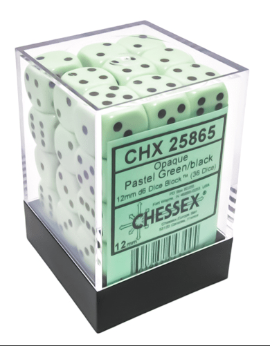 Opaque 12mm d6 Pastel Green/black Dice Block (36 dice)