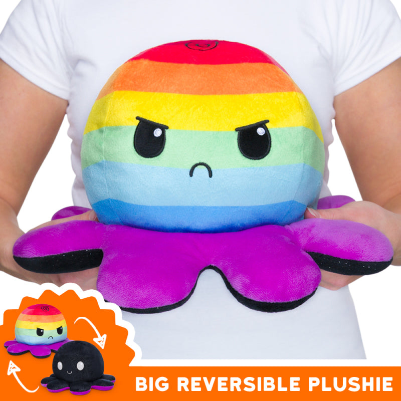 BIG Reversible Octopus Plushie: Happy Black Sparkle and Angry Rainbow Stripes