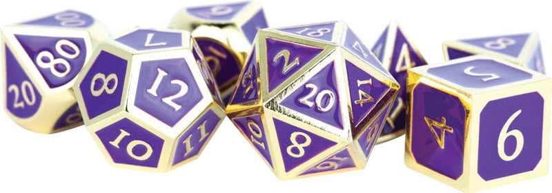 16mm Metal Polyhedral Dice Set: Gold with Purple Enamel