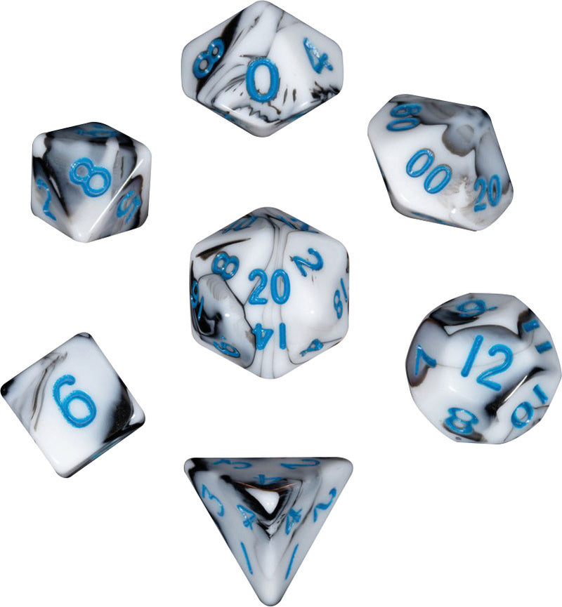 Mini Polyhedral Dice Set: Marble with Blue Numbers