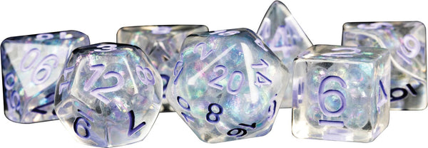 16mm Resin Poly Dice Set: Pearl with Purple Numbers (7)