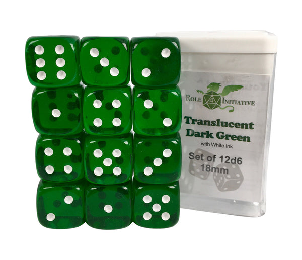 D6 Dice Set: Translucent Dark Green w/ White - Set of 12d6 (18mm)