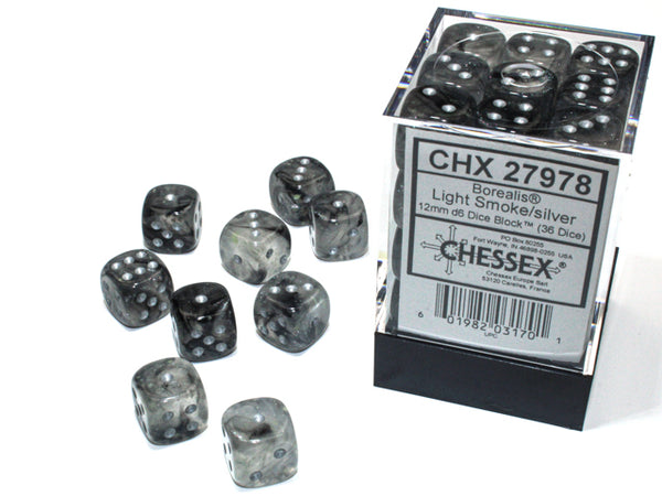 Borealis: 12mm d6 Light Smoke/silver Luminary Dice Block (36 dice) from Chessex image 1