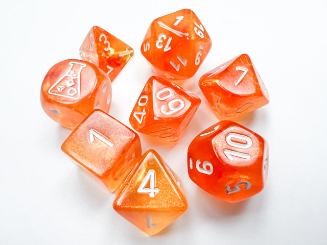 Lab Dice 6 Borealis: Poly Blood Orange/white Luminary 7-Die Set (with bonus die) from Chessex image 1